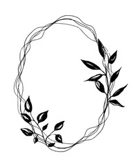 Greenery branches wreath, invitation floral oval frame, black vector line art - 772973043