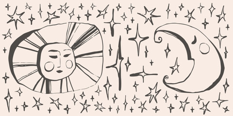 Sun, moon, stars magic background, hand drawn quirky doodle astrology banner, esoteric vector backdrop - 772973201
