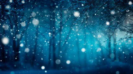 Snowy forest with trees and falling snow at night