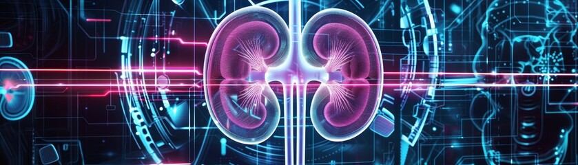 Kidneys, Symbolizes nephrology or urinary system health, Medical concept, futuristic background - obrazy, fototapety, plakaty