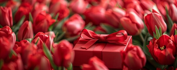 Red gift box among tulips with a ribbon