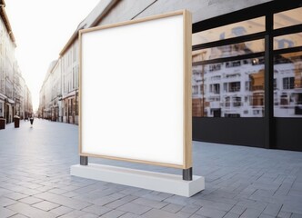 A blank white poster hangs on the street, awaiting a splash of creativity or message to fill its space