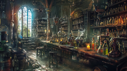 Fototapeta na wymiar Enchanted alchemy lab interior with magical details