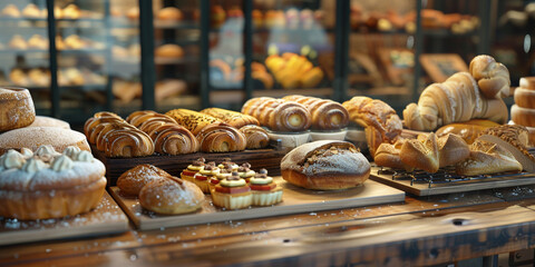 A image of a bakery counter display filled with freshly baked bread, pastries, and cakes, tempting customers with delicious treats