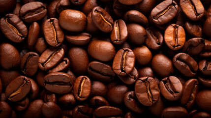 A pile of fresh coffee beans on a dark brown surface