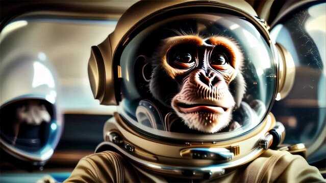 A close-up image of a contemplative monkey astronaut, with a reflective visor, hinting at the profound implications of space travel.