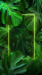 Fototapeta na wymiar monsterra plants frame and green neon light