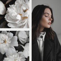 A serene composition juxtaposing a tranquil woman's facial expression with the delicate beauty of white peonies