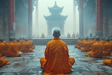 Delve into the depths of creativity as monks reinterpret their spiritual practice through the lens of conceptual art, blending tradition with rebellion, cinematic - obrazy, fototapety, plakaty