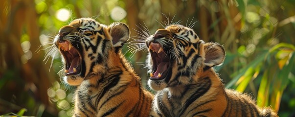 Two young tigers roaring in the jungle - obrazy, fototapety, plakaty