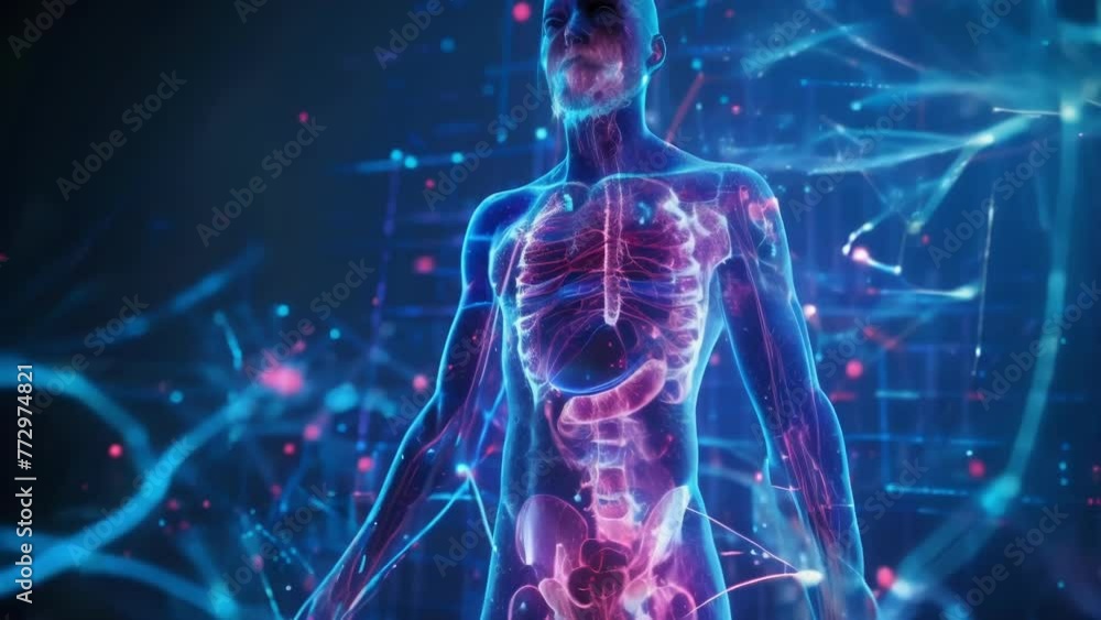 Poster an interactive map animation showcasing a detailed computer generated image of the human body, highl