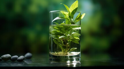 Vertical close up photography, cuttings of basil (Ocimum basilicum) in a glass of water to get roots. Shallow depth of field, green bokeh background. - obrazy, fototapety, plakaty