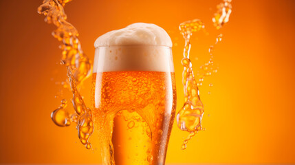 Close-up glass of beer shows water splash