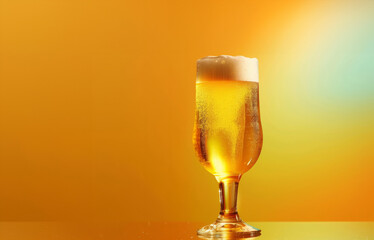 A glass of beer is sitting on a table with a yellow background. The glass is half full and the foam on top is visible. Concept of relaxation. gold colored beer in a beer glass on a colored background