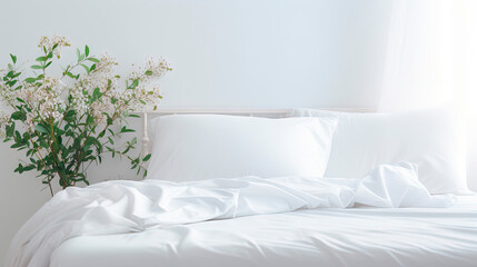 Fototapeta na wymiar White bed with vase of flowers