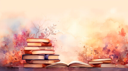 Many books laid out on a table with one open