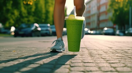Fitness man woman tying running shoes and green smoothie breakfast. Health weight loss fitness man drinking green smoothie lacing trainers laces ready for jogging active lifestyle. - obrazy, fototapety, plakaty