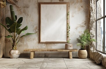 Modern Interior with Blank Wooden Picture Frame
