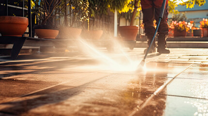 Person operating pressure washer on tiled surface - obrazy, fototapety, plakaty