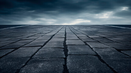 A dark sky with clouds over a brick road
