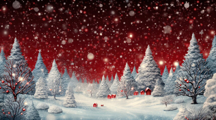 Snowy red and white Christmas scene with red sky