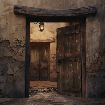 old two-leaf wooden door slightly open to an old clay village with a lantern