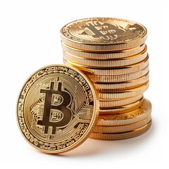 Stack of bitcoins on white background.