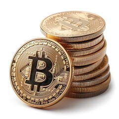 Stack of bitcoins on white background.