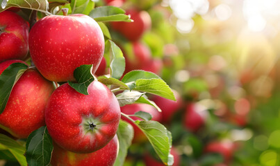 Fresh red apples on tree background, Generative AI