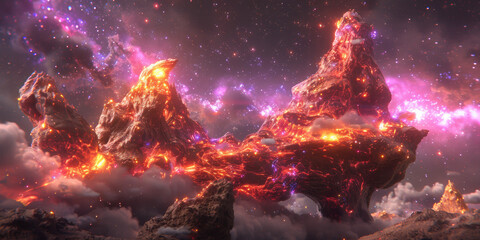 A rocky mountain with a volcano on top and a bright pink sky. The volcano is spewing lava and the sky is filled with stars - obrazy, fototapety, plakaty