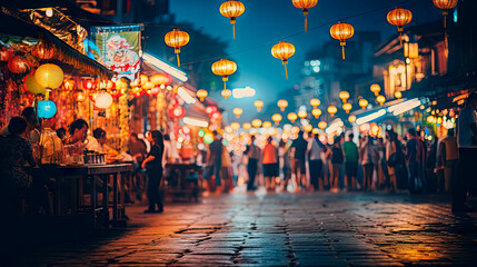 People strolling under hanging lanterns in the street at night - obrazy, fototapety, plakaty