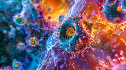 Digital artwork depicting vibrant viruses invading a biological environment, symbolizing infection - obrazy, fototapety, plakaty