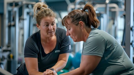 attractive female physiotherapist helping a middle aged woman exercise in a gym setting