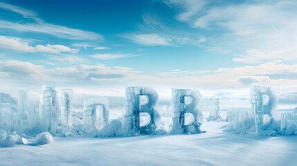 Snowy landscape with ice letters under a blue sky