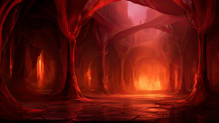 A dark forest with a red and black color scheme and a distant light