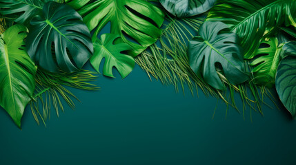 Fototapeta na wymiar Green leaves close up on blue backdrop