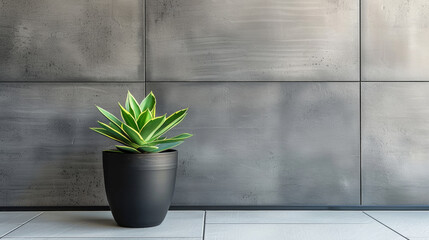 A small plant is sitting in a black pot on a grey wall. The plant is a cactus and is placed in the center of the pot - obrazy, fototapety, plakaty
