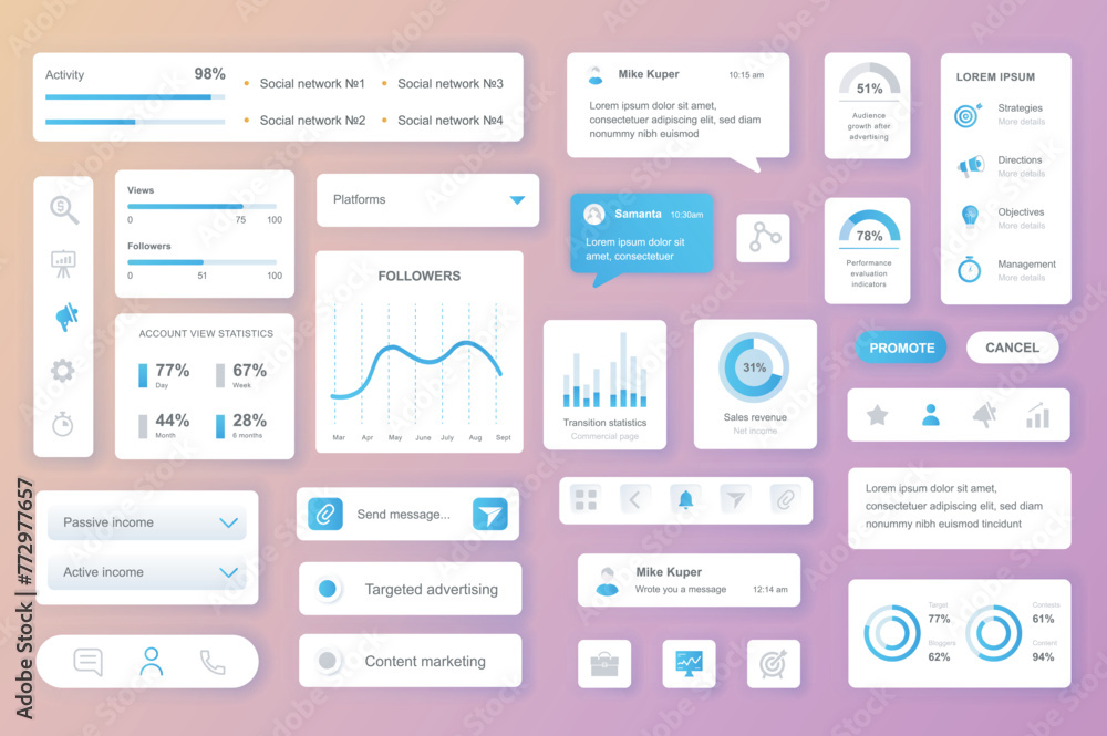 Poster user interface elements set for social network mobile app or web. kit template with hud, activity st