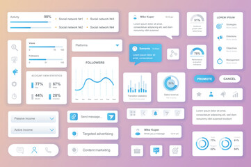 User interface elements set for Social network mobile app or web. Kit template with HUD, activity statistics, followers, income data, advertising, marketing. Pack of UI, UX, GUI. Vector components.