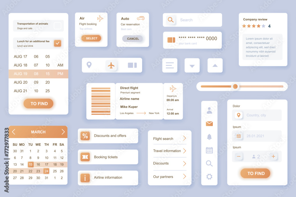 Leinwandbilder user interface elements set for booking mobile app or web. kit template with hud, flight ticket rese