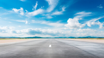Empty runway with mountain view under clear sky - obrazy, fototapety, plakaty