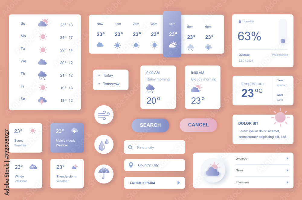 Poster User interface elements set for Weather mobile app or web. Kit template with HUD, forecast today and tomorrow, humidity, temperature, meteorology information. Pack of UI, UX, GUI. Vector components.