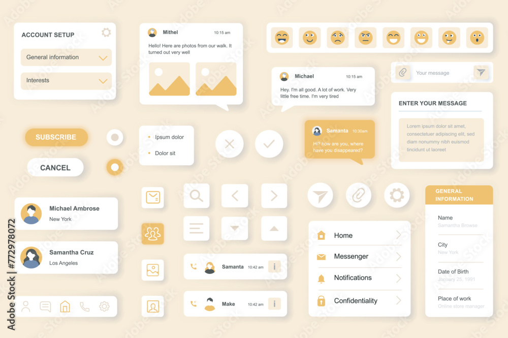 Leinwandbilder User interface elements set for Messenger mobile app or web. Kit template with HUD, account setup, chats, emoji, subscribe, business network, online contacts. Pack of UI, UX, GUI. Vector components.