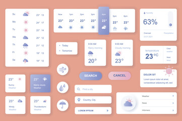 User interface elements set for Weather mobile app or web. Kit template with HUD, forecast today and tomorrow, humidity, temperature, meteorology information. Pack of UI, UX, GUI. Vector components.