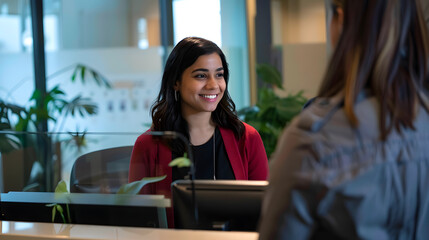 Obraz premium Friendly receptionist greeting guests in office lobby