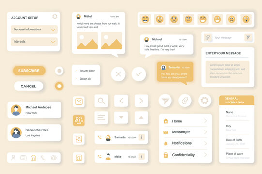 User interface elements set for Messenger mobile app or web. Kit template with HUD, account setup, chats, emoji, subscribe, business network, online contacts. Pack of UI, UX, GUI. Vector components.
