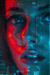 Beautiful cyborg woman, face closeup, holographic cyberpunk, ascii style glitch, simplex noise background. - obrazy, fototapety, plakaty