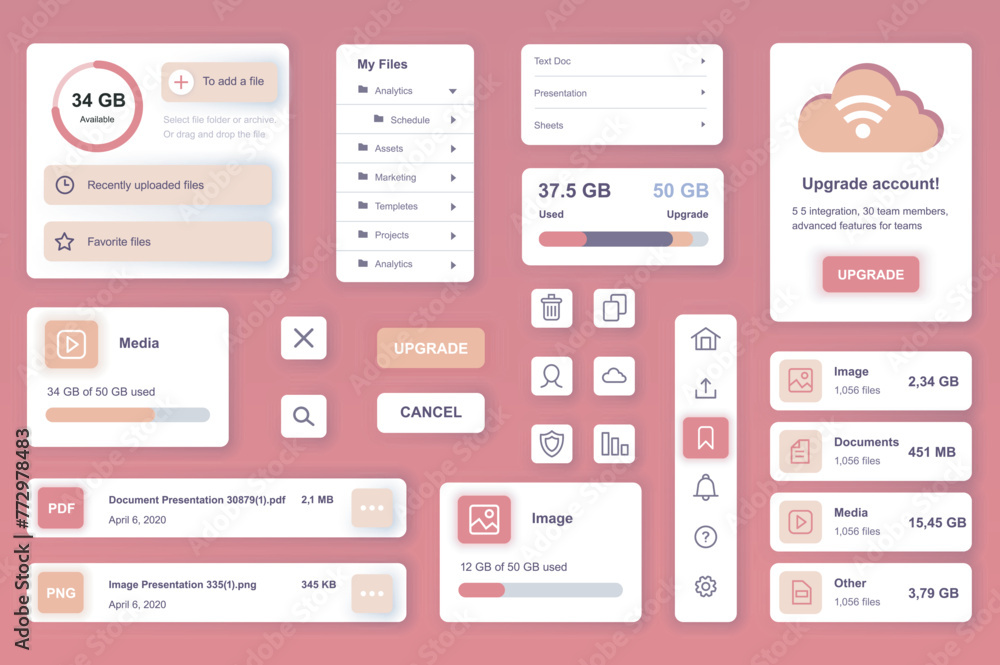 Poster user interface elements set for cloud storage mobile app or web. kit template with hud, file managem