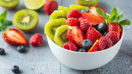 A bowl of fruit salad with strawberries, blueberries, and kiwi