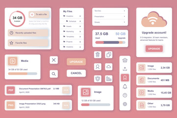 User interface elements set for Cloud storage mobile app or web. Kit template with HUD, file management, online security system, account upgrade, hosting data. Pack of UI, UX, GUI. Vector components.